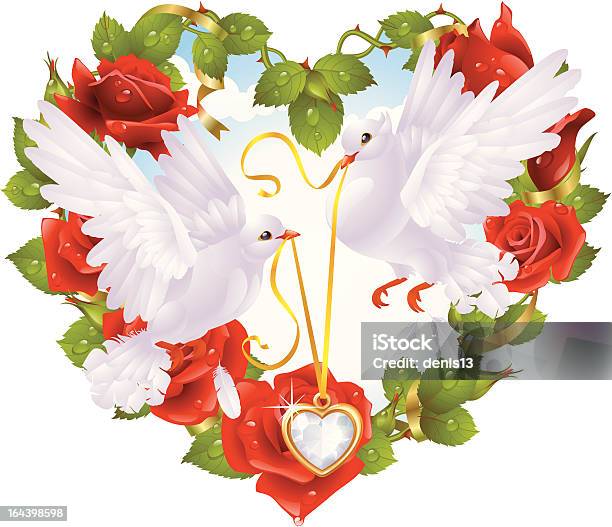 Ilustración de Rose Garland Y Par Dove y más Vectores Libres de Derechos de Paloma - Ave - Paloma - Ave, Rosa - Flor, Símbolo en forma de corazón