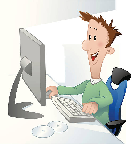 Man in front of computer vector art illustration