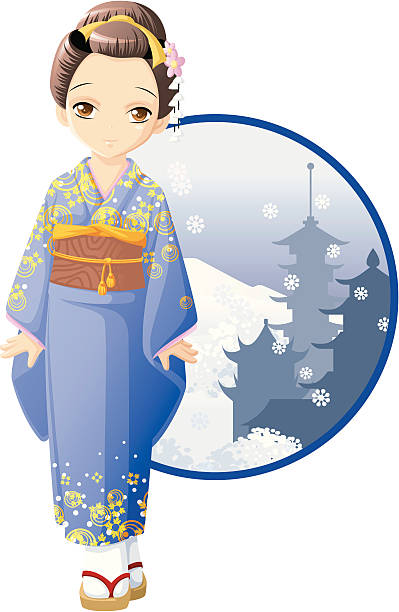 ilustraciones, imágenes clip art, dibujos animados e iconos de stock de invierno quimono chica - chica kimono del anime