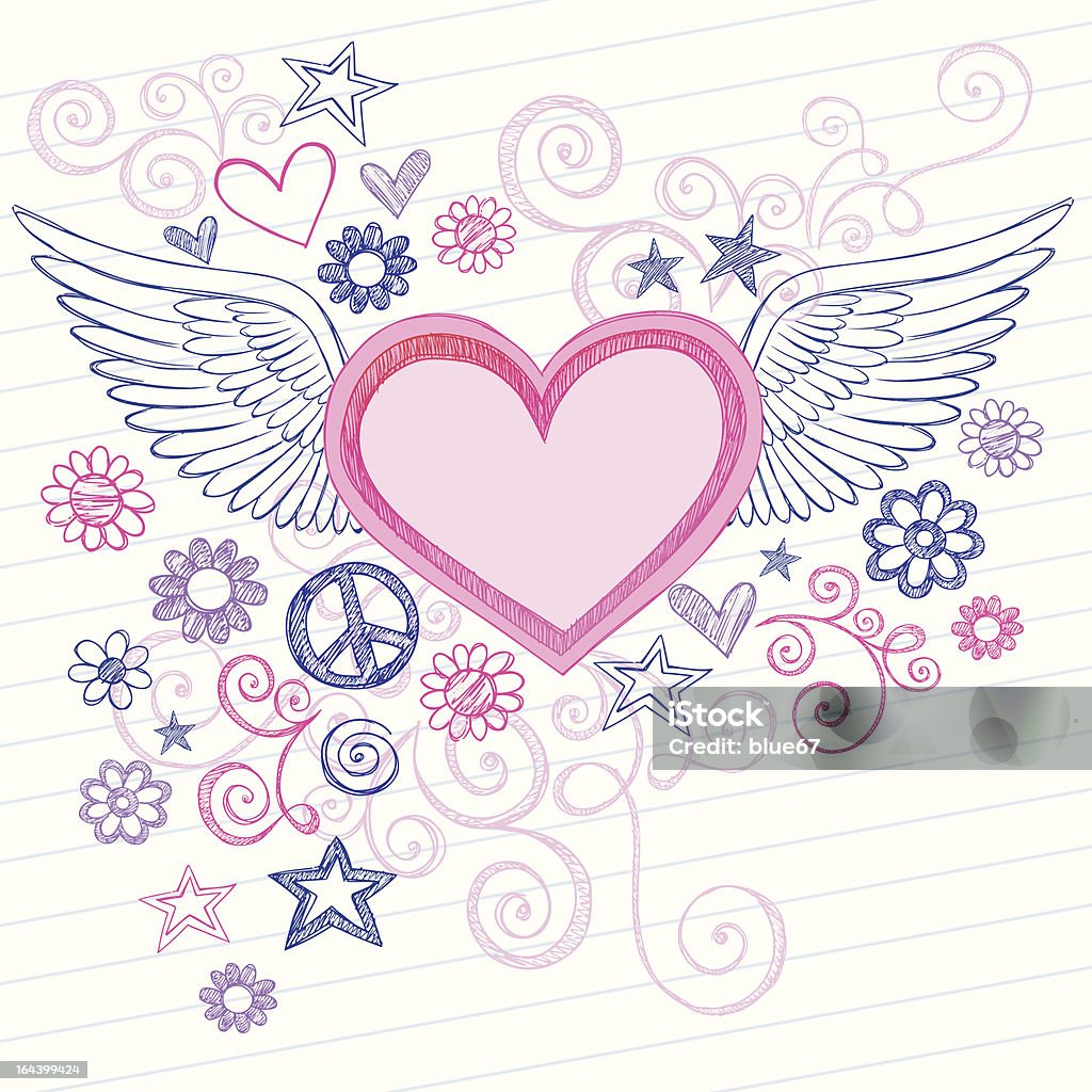 Esbozos dibujados a mano garabatos corazón con alas - arte vectorial de Ala de animal libre de derechos