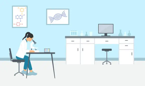 Vector illustration of Female Scientist Looking Through A Microscope And Doing Research In A Laboratory. Laboratory Interior With Computer, Laboratory Equipments And White Cabinet