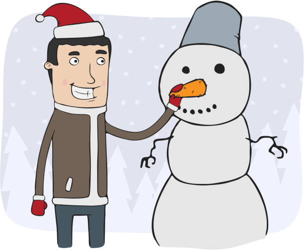 boy and snowman vector art illustration