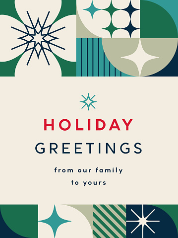 Mid century style geometric Christmas, Holiday background with stylized snowflakes and stars. Simple and elegant Christmas card design. Contemporary geometric Holiday card. Vector illustration concepts for graphic and web design, social media banner, marketing material.
