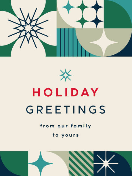 Geometric Holiday Christmas Card Mid-Century Style Mid century style geometric Christmas, Holiday background with stylized snowflakes and stars. Simple and elegant Christmas card design. Contemporary geometric Holiday card. Vector illustration concepts for graphic and web design, social media banner, marketing material. invitation stock illustrations
