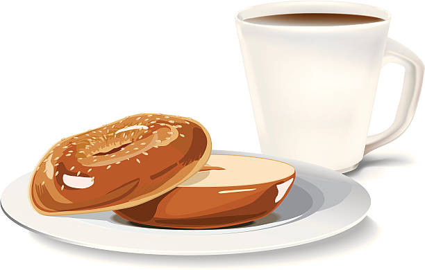 ilustraciones, imágenes clip art, dibujos animados e iconos de stock de bagel y una taza de café. - coffee whole wheat food bread