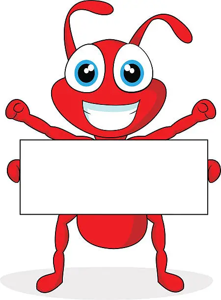 Vector illustration of cute little red ant with blank sign