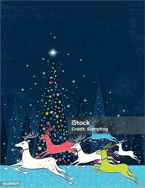 Christmas Hirsche Laufen In Der Blauen Forest Stock Vektor Art und mehr Bilder von Abstrakt - Abstrakt, Baum, Blau