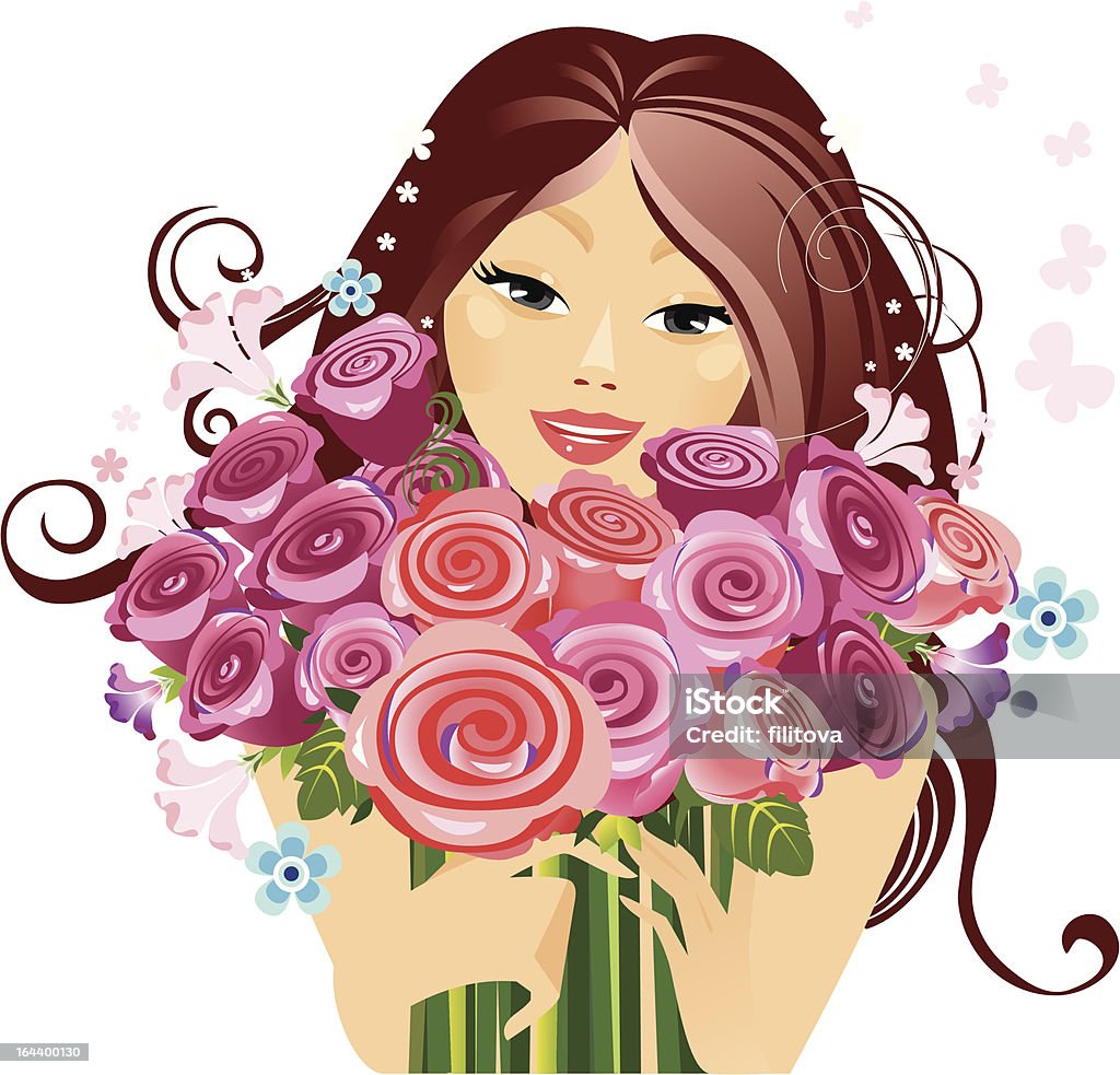 happy girl with a bouquet of roses vector illustration of portrait a happy girl with a bouquet of roses Adult stock vector