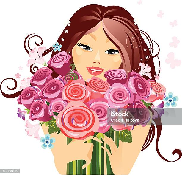 Happy Girl With A Bouquet Of Roses Stock Illustration - Download Image Now - Adult, Adults Only, Beautiful Woman