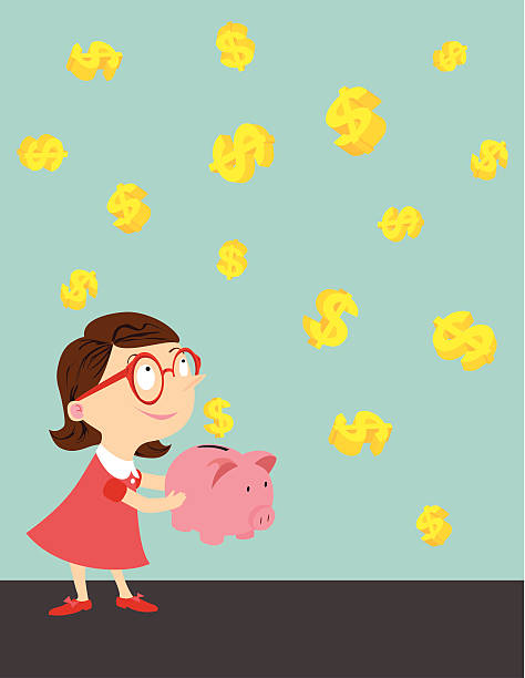 Little girl save money A little girl is catching money with her little piggy bank british falling pounds stock illustrations