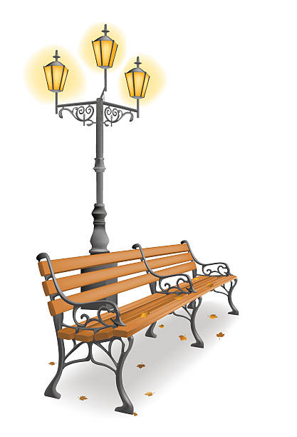 istock Wooden park bench and street lamp against white background 164400217