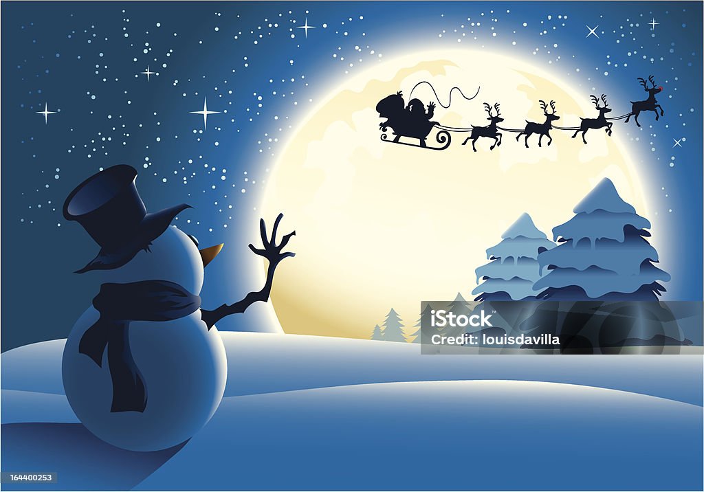 Lonely Snowman Waving To Santa Sleigh "Illustration of a beautiful winter night scene with a lonely snowman waving to santa on a full moon background. Lots of space for text, great for Christmas backgrounds, greeting cards, banners and posters. High resolution JPG file is included." Santa Claus stock vector