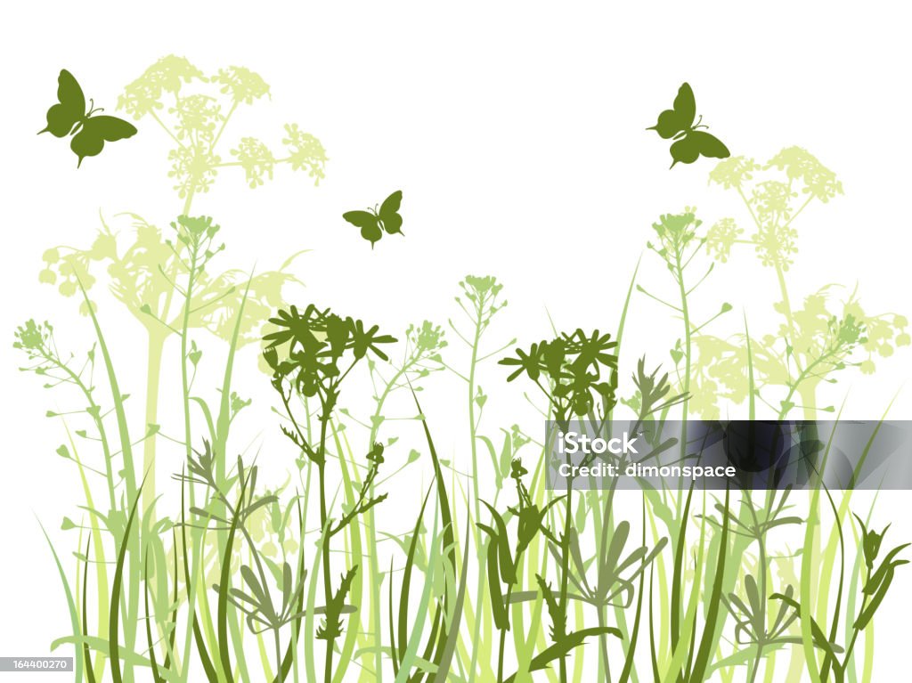 Fondo verde con césped y mariposas - arte vectorial de Belleza de la naturaleza libre de derechos