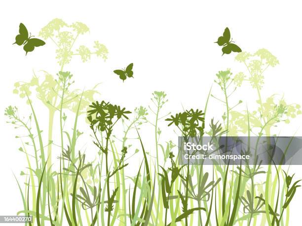 Ilustración de Fondo Verde Con Césped Y Mariposas y más Vectores Libres de Derechos de Belleza de la naturaleza - Belleza de la naturaleza, Blanquita de la col, Brizna de hierba