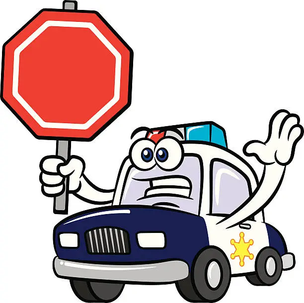 Vector illustration of Police Car Cartoon Mascot Character Stop Sign