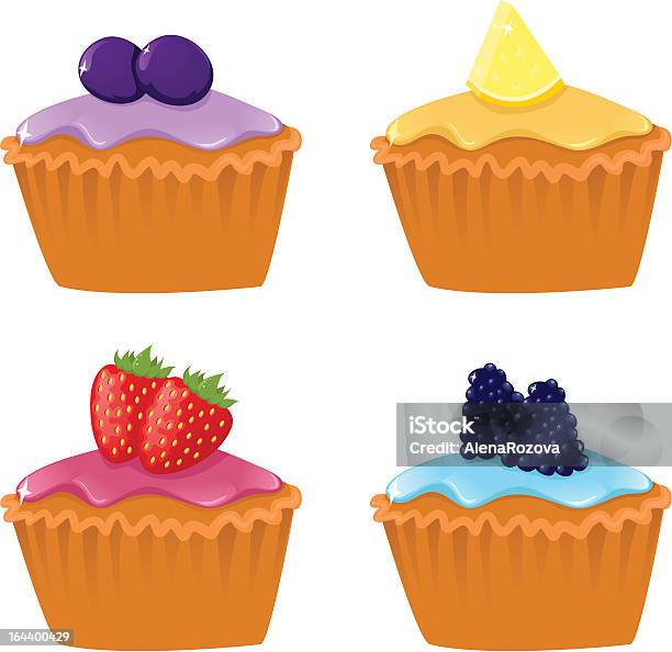 Set Di Quattro Cupcakes - Immagini vettoriali stock e altre immagini di Alimentazione non salutare - Alimentazione non salutare, Blu, Brillante