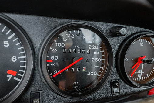Vilnius, Lithuania - April 12, 2023: 1979 Porsche 930 Turbo, a very powerful car of that period of time, infamously called ’The widow maker’. Instrument cluster with very low miles and speed up to 300 km/h.