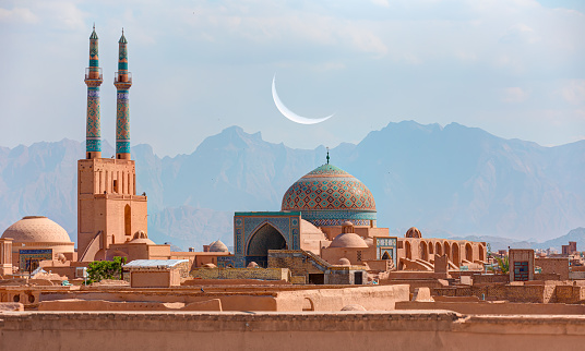 Historic city of Yazd with famous wind towers with crescent moon - YAZD, IRAN