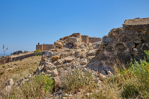 Ancient stone fortress of Sagunto Castle on the top of mountain. Spain.