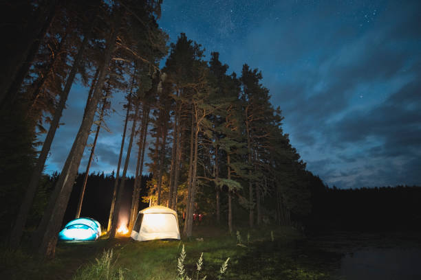 istock Illuminated tents under a night sky in the forest. 1644005347