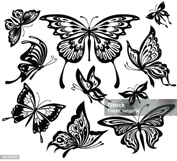 Набор Черных И Белых Бабочек — стоковая векторная графика и другие изображения на тему Бабочка - Бабочка, Векторная графика, Графический элемент