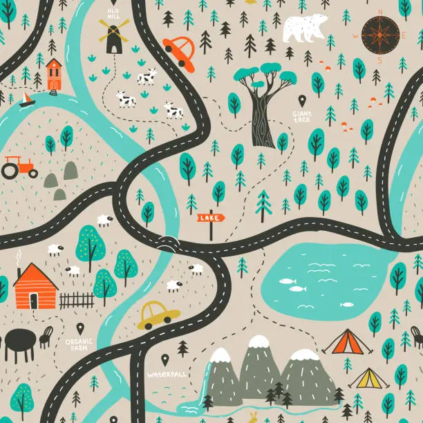 Vector illustration of Countryside map for kids with roads, cars and nature. Vector seamless pattern with places of interest - lake, waterfall, farm, old mill and giant tree.