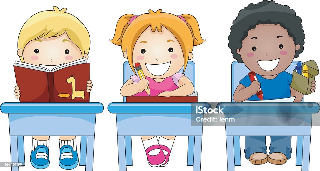 Cartoon image of three children in class Children in Class coloring, writing and reading - Vector Activity stock vector