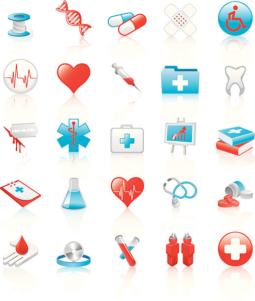Set of medical icons "Set of 20 glossy medical icons in blue, red and grey" lota stock illustrations