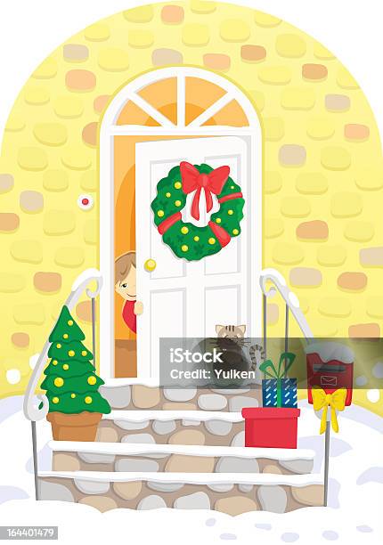 Ilustración de Little Boy Detrás De Decoradas Puerta Presenta Árbol De Navidad Ilustración Vectorial y más Vectores Libres de Derechos de Amarillo - Color