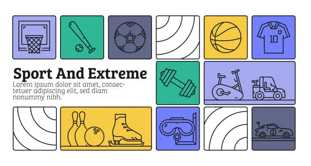 Vector illustration of Sport And Extreme Line Icon Set and Banner Design. The design is editable and the color can be changed. Vector set of creativity icons: football, basketball, baseball, ice skating, golf, canoe, box, swimming