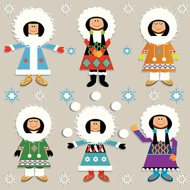 Eskimos Cute group of Eskimo girls in their winter Parkas inuit alaskan culture indigenous culture alaska stock illustrations