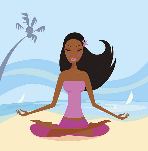 ilustrações de stock, clip art, desenhos animados e ícones de menina a praticar yoga em posição de lótus na praia - stretch beach