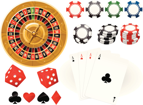 Playing cards, Roulette Wheel and gambling chips