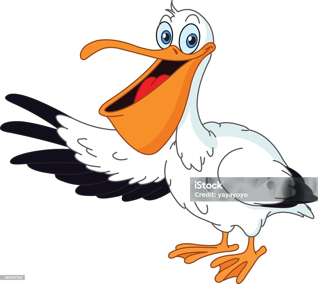 A cartoon drawing of a pelican Cartoon pelican presenting with his wing Pelican stock vector