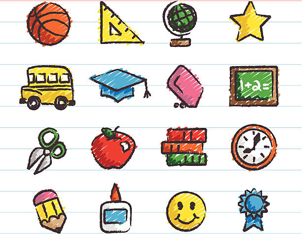 School Icons Drawn with Crayon "School-related clip art and icons drawn with crayon, marker, pencil or pastel." how to draw a school building clip art stock illustrations