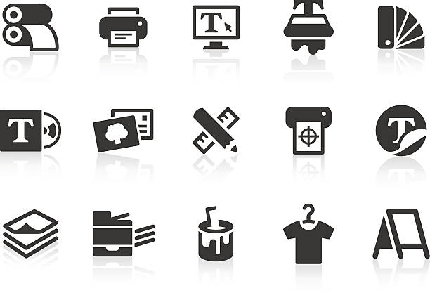 Print icons "Monochromatic printing related vector icons for your design or application. Raw style. Files included: vector EPS, JPG, PNG." printing press stock illustrations