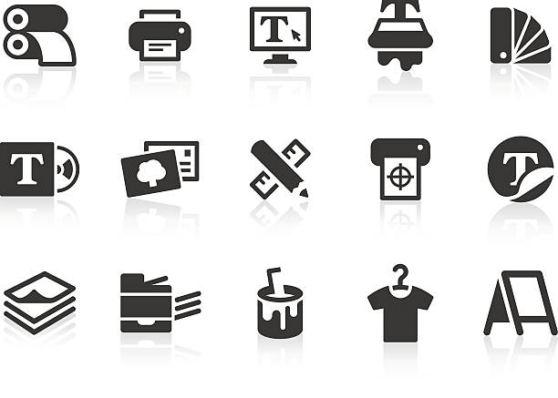 Print icons "Monochromatic printing related vector icons for your design or application. Raw style. Files included: vector EPS, JPG, PNG." printing plant stock illustrations