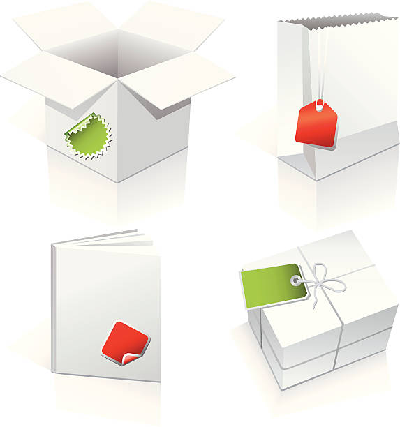 Set of 4 package templates "Set of 4 3d templates of package - 2 paper boxes, paper bag and book, each package contains paper sticker or tag." lota stock illustrations
