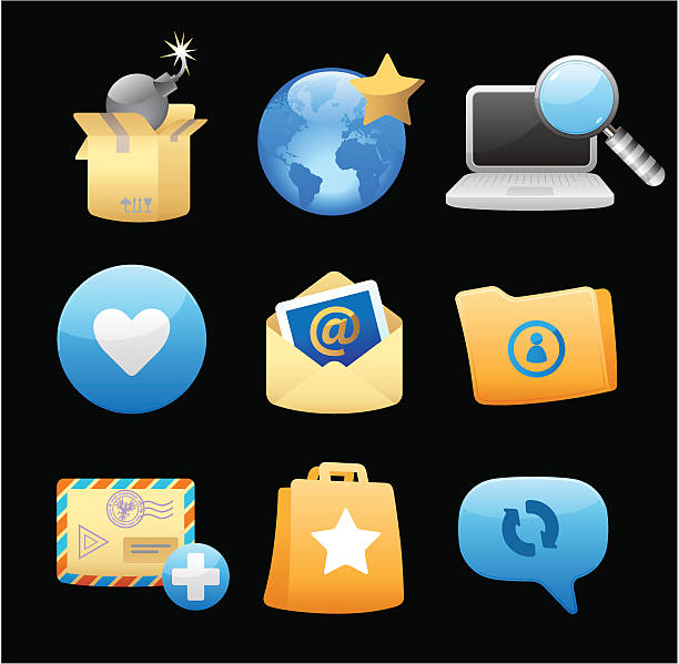 ilustraciones, imágenes clip art, dibujos animados e iconos de stock de iconos de conceptos - black background cardboard box computer icon symbol