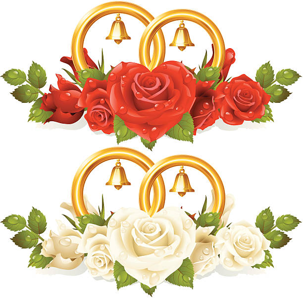 Wedding rings and bunch of roses vector art illustration