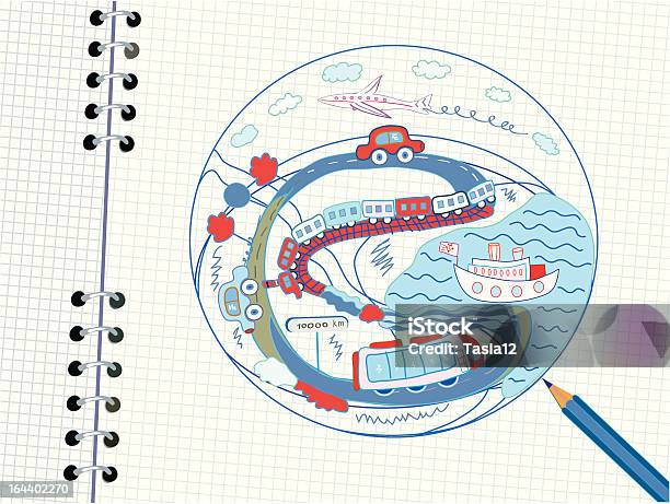 Ilustración de Funny Viaje Garabato En El Cuaderno De Notas y más Vectores Libres de Derechos de Autobús - Autobús, Avión, Avión de Papel