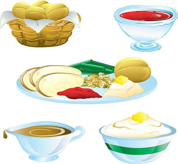 Set of five colorful Thanksgiving dinner food icons Illustrations of different thanksgiving dinner icons bread bun corn bread basket stock illustrations