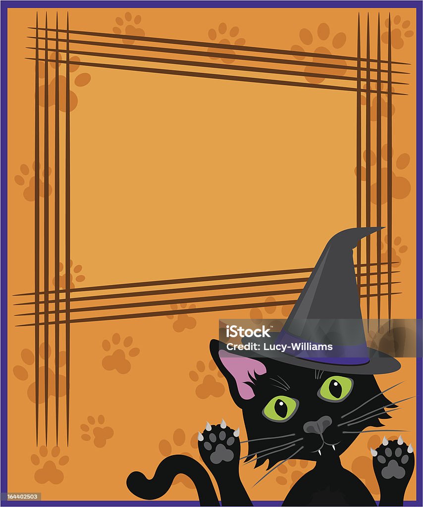 Chat noir portant Chapeau sorcières clawed signe avec espace de copie. - clipart vectoriel de Animaux de compagnie libre de droits