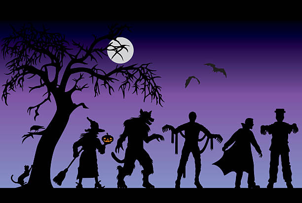 Halloween characters on a purple background Spooky Halloween characters are gathered on a creepy party night! bat silouette illustration stock illustrations