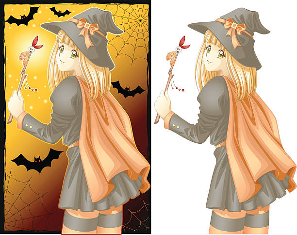хэллоуин девушка манга ведьма - bat halloween human eye horror stock illustrations