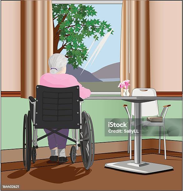 노인 여성 간호에서의 홈화면 휠체어 Window 여자 노인에 대한 스톡 벡터 아트 및 기타 이미지 - 여자 노인, 노인, 고독-부정적인 감정 표현