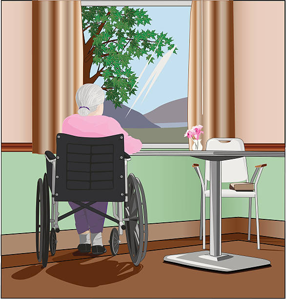 Senior woman in nursing home with wheelchair by window Senior woman in nursing home sitting in wheelchair by window sad old woman stock illustrations