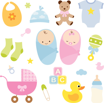 Vector illustration of babies and baby products.