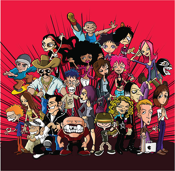 Subcultures "Explotion of different subculture characters & urban tribes: Metalhead, Goth, Geek, Ska, Gamer, Skate, Rockabilly, Hippie, Grunge, Afro, Rocker, Narco Mexican, Hip Hop, Suicide Emo, Glam, Raver, Punk, Surfer, Pipope, Fashion Girls, Otaku & a Skinhead" ska stock illustrations