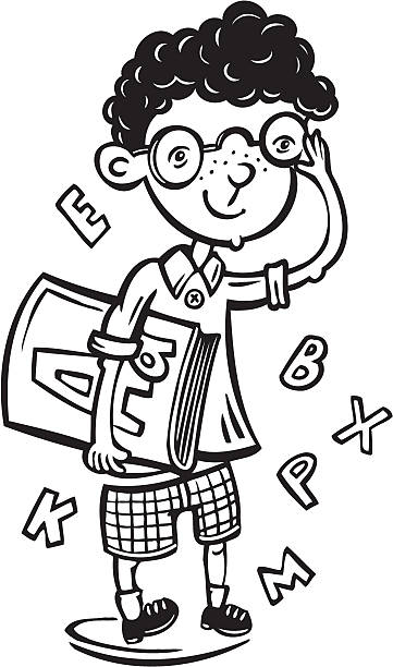 ilustraciones, imágenes clip art, dibujos animados e iconos de stock de niño con gafas carretera. - alphabetical order child illustration and painting playing